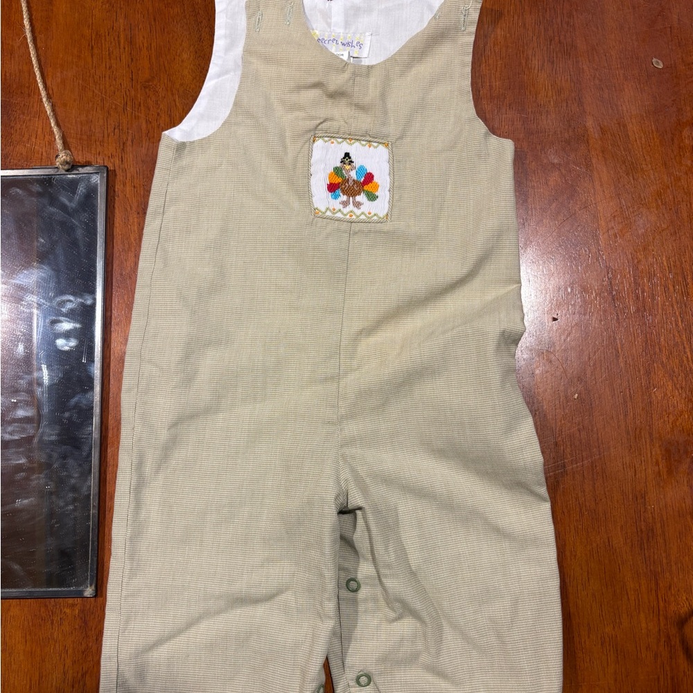 Beige Baby Overalls with Embroidered thanksgiving smocking